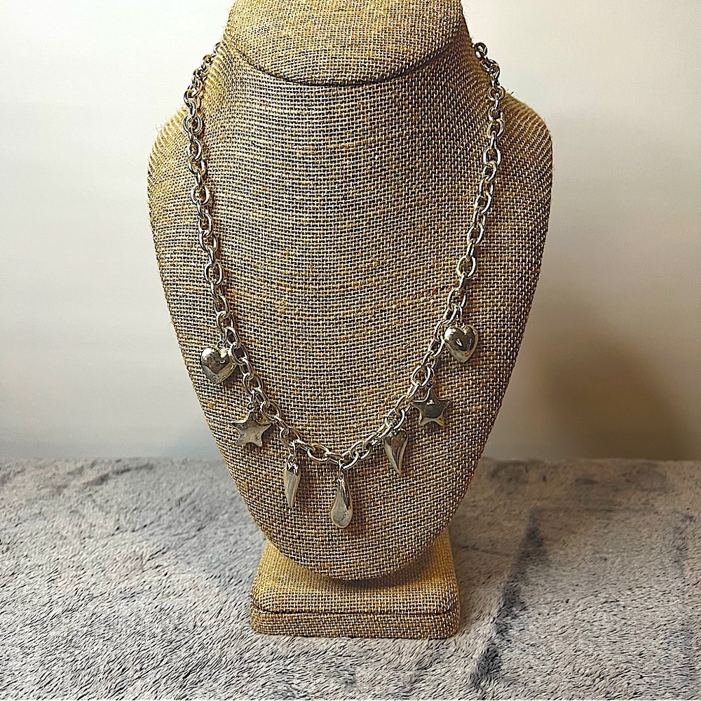 Silver Colored Hearts and Stars Charm Necklace 18in